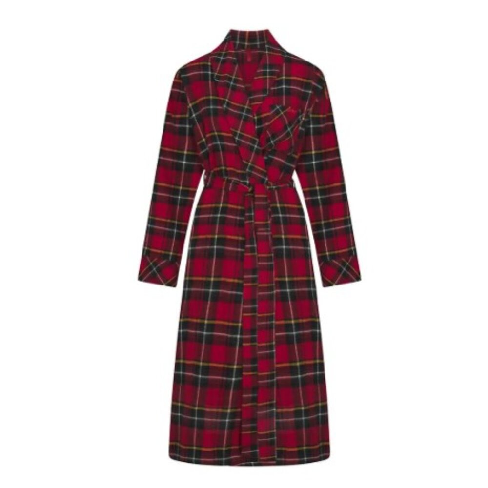 🎄SKIMS Flannel Sleep Long Robe | Brick Holiday Plaid | Size S | NWT